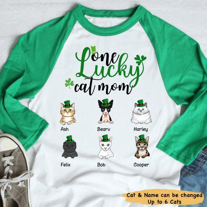 Custom Gift For Cat Lovers One Lucky Cat Mom St. Patrick’S Day Unisex Personalized Raglan Shirt