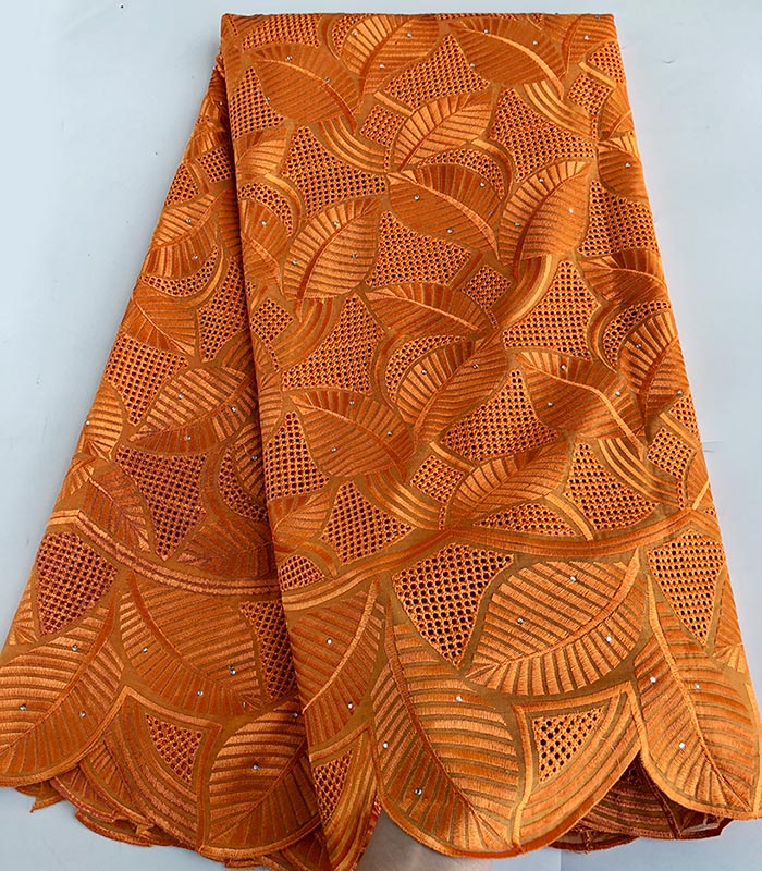 5 yards plain Orange Soft Genuine Swiss Lace High Quality African Eyelet Embroidery Voile Lace Fabric with stones alx