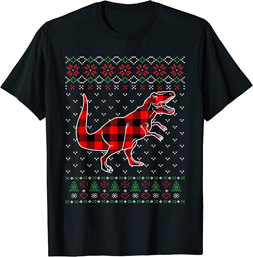 Red Plaid Animals Ugly Sweater Christmas Dinosaur Lover T-Shirt