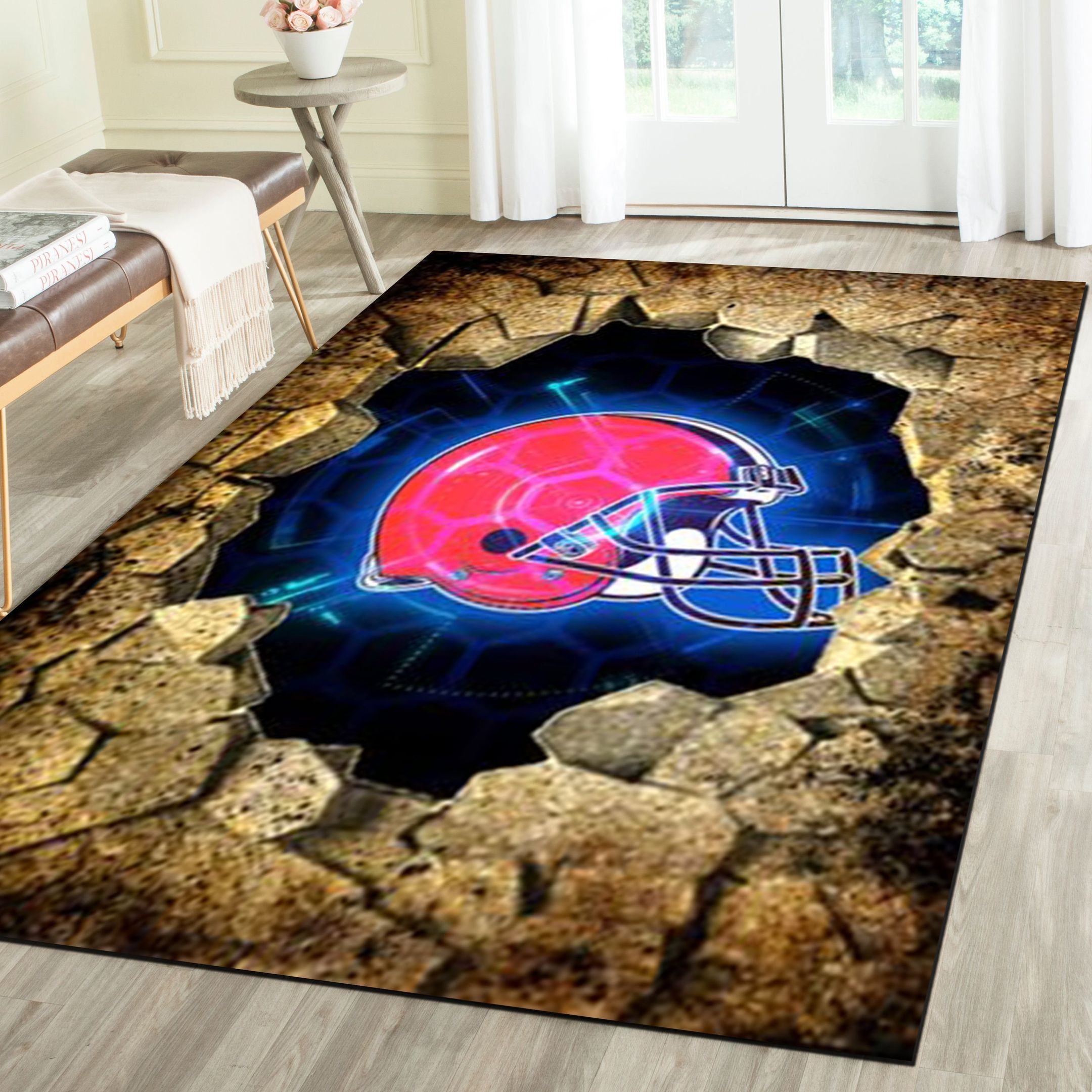 Cleveland Browns Logo Area Rug, Football Team Living Room Bedroom Carpet, Fan Cave Floor Mat