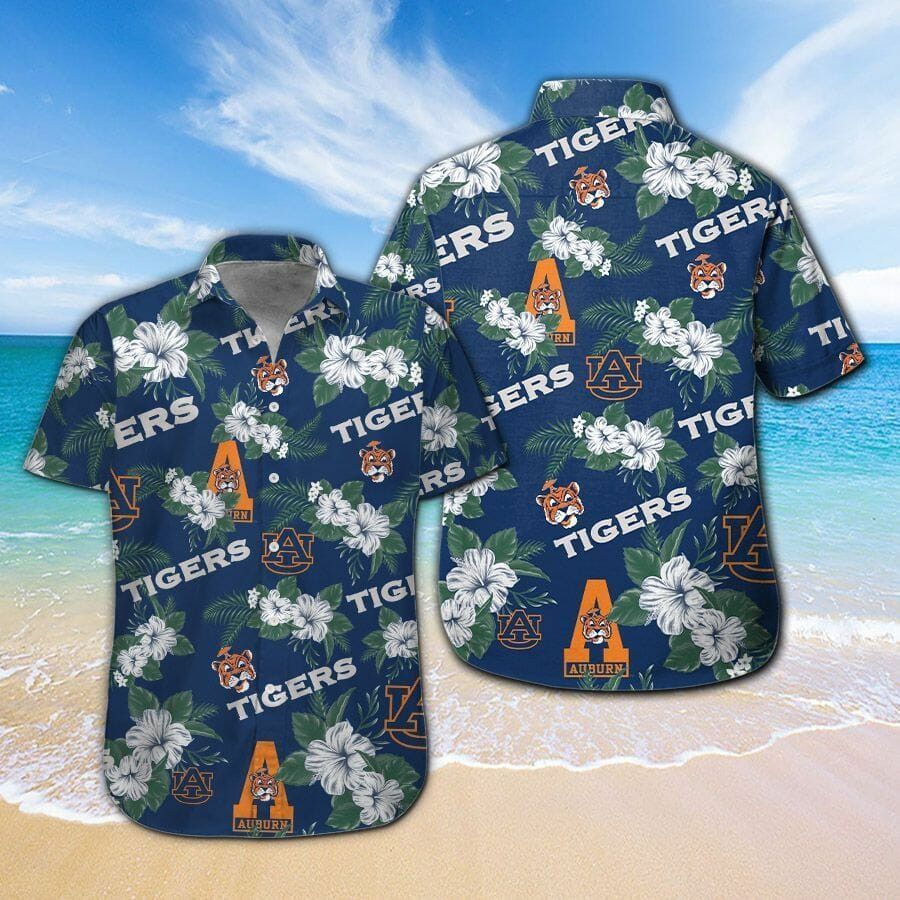 NCCA Auburn Tigers White Flowers Blue Hawaiian Shirt