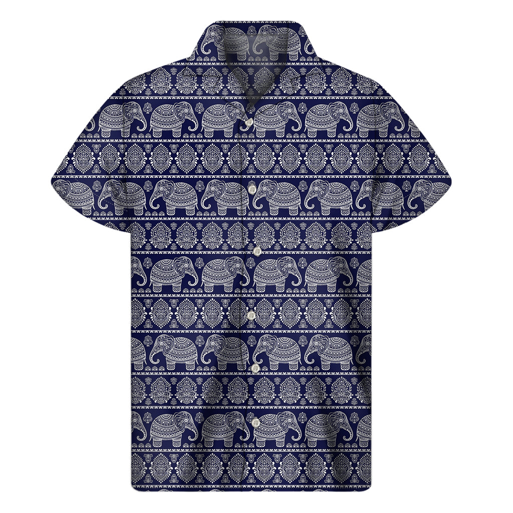 White And Blue Indian Elephant Print Men’S Short Sleeve Shirt