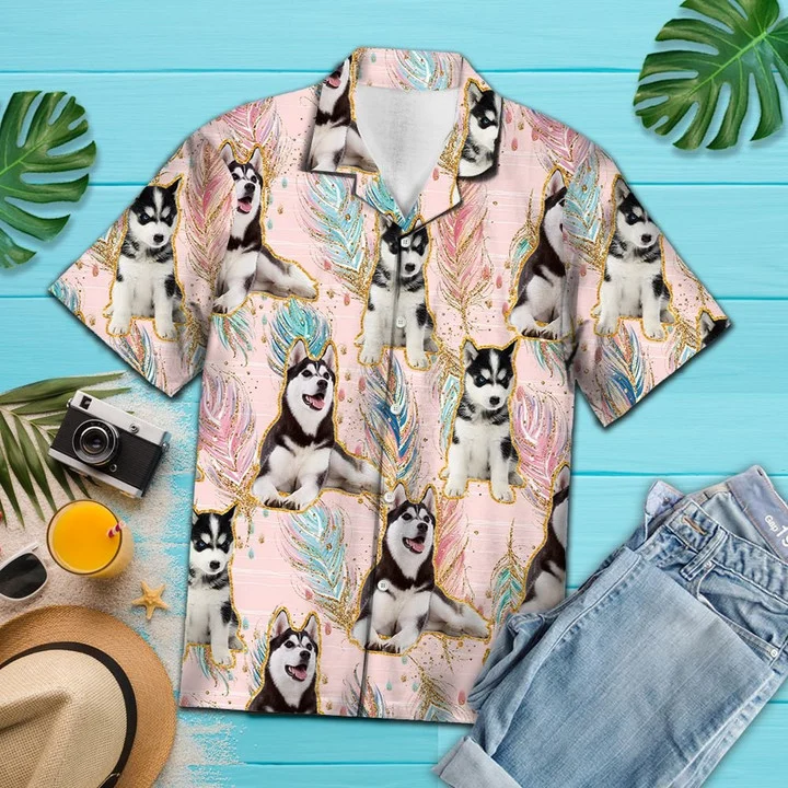 Playful Siberian Husky Boho Feather Pattern Hawaii Shirt Ha6780