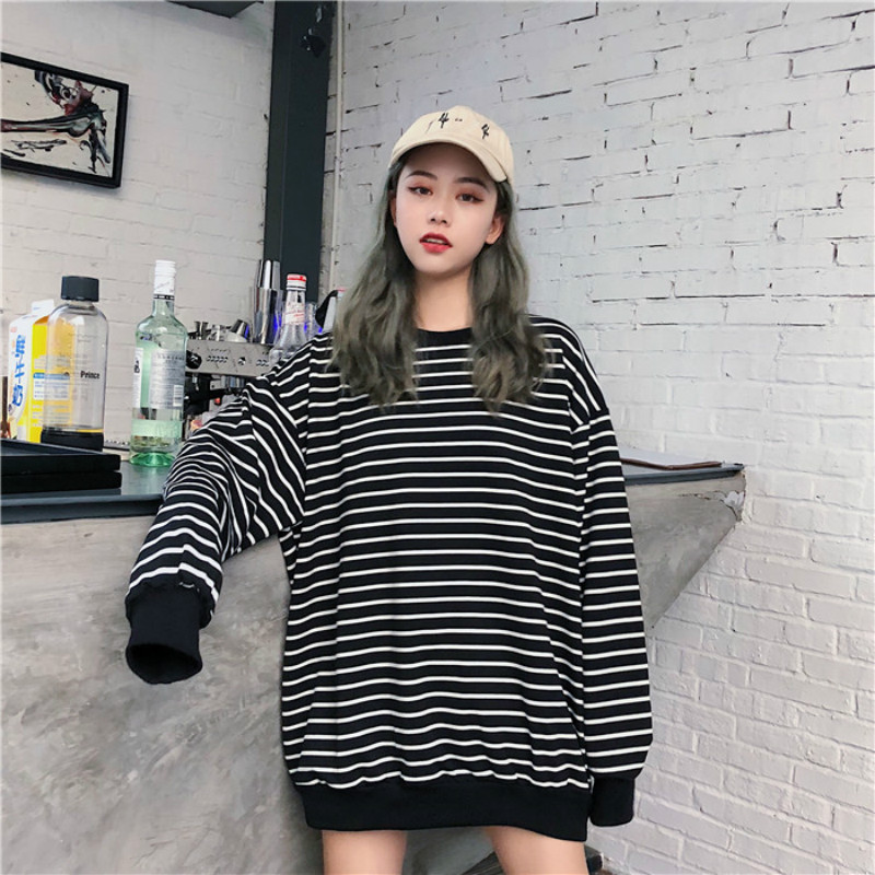 Sweatshirts Women All-match Striped Black Spring Autumn Korean Style Casual Hip Hop New Harajuku Ins Trendy Streetwear Vintage alx