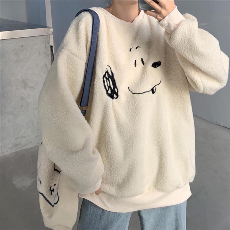 Sweet Girly Style Winter New Arrivals Women Hoodie Sweatshirt Apricot Lamb Wool Embroidery Cute Puppy Female Loose Pullover alx