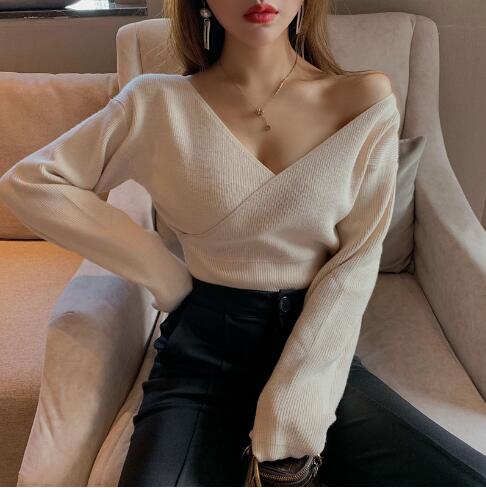 2021 Fashion Sexy Cross V-Neck Women’s Sweaters Autumn Winter Bottoming Slim Female Jumper Casual Solid Bodycom Beige Grey Tops alx