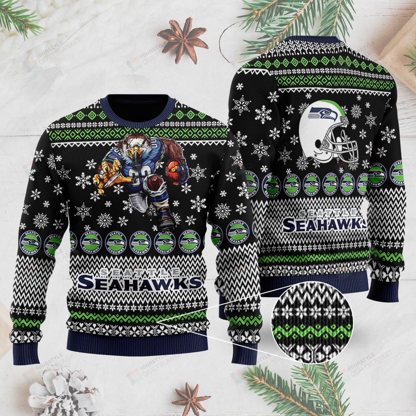 Sports Football Team Seattle Seahawks With Blitz The Mascot And Helmet Ugly Christmas Sweater, All Over Print Sweatshirt