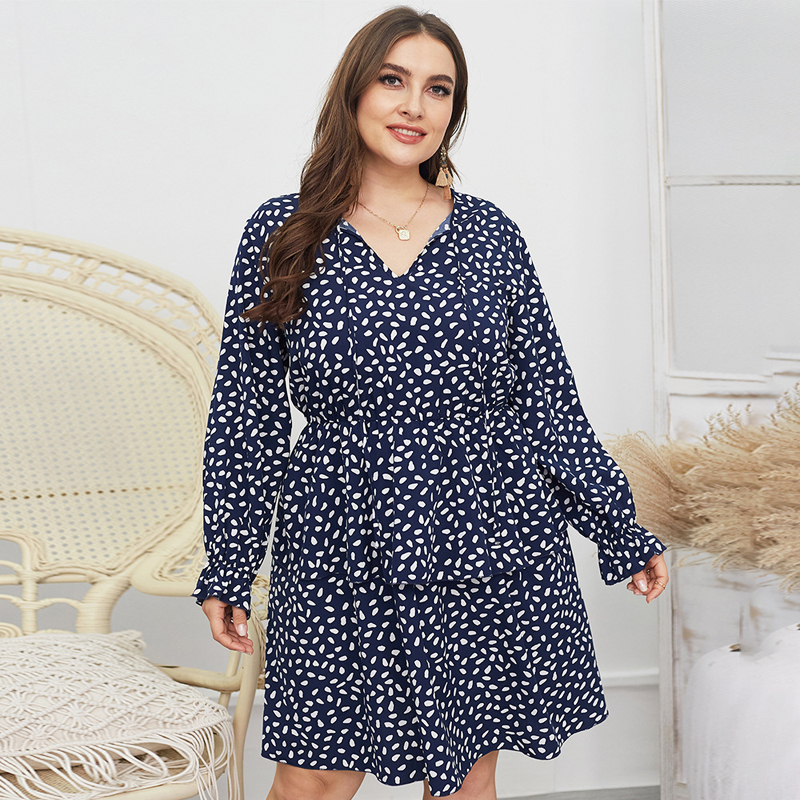 Vintage Dot Print Plus Size Dresses Autumn Women Elegant Ruffles Winter Long Sleeve Midi A-line Casual Loose Evening Party Dress alx