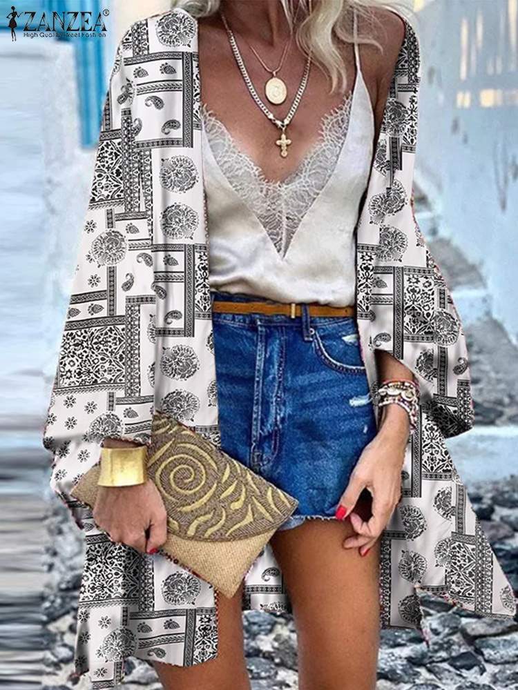 ZANZEA Bohemian Long Sleeve Floral Printed Blouse Women Summer Beach Cardigan Vintage Cover Up Loose Shirt Holiday Tops Kimono alx