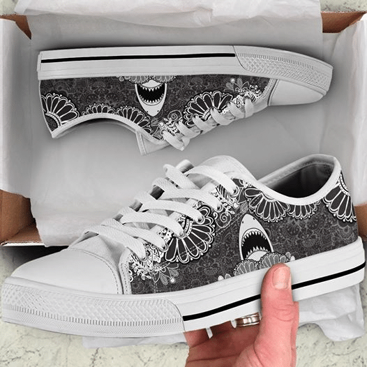 Shark Mandala Birthday Gift Fashion White Canvas Low Top Shoes