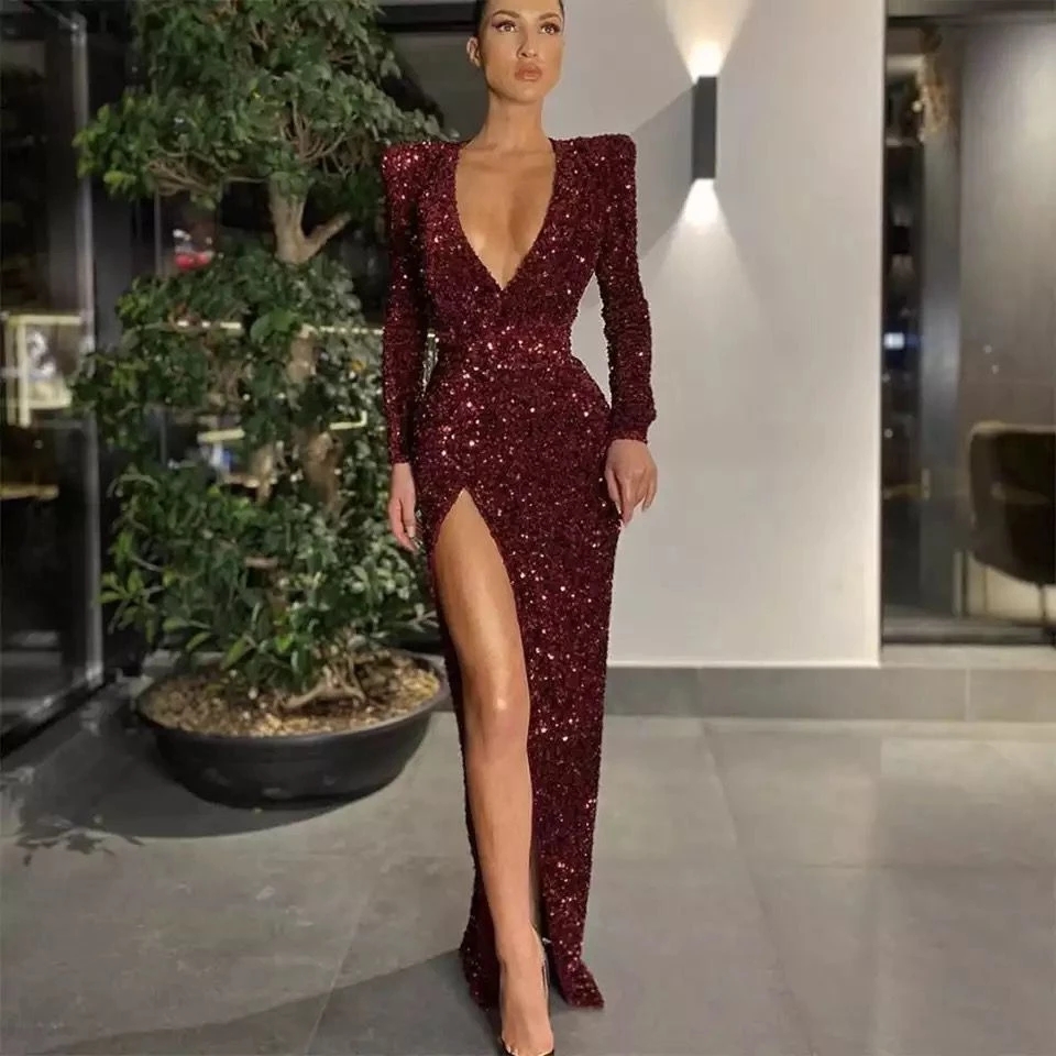 2022 Black Mermaid Evening Gown Sexy Slim Fit Custom Made Women Evening Dresses Long Sleeves Sequined Side Split Robe De Soiree alx