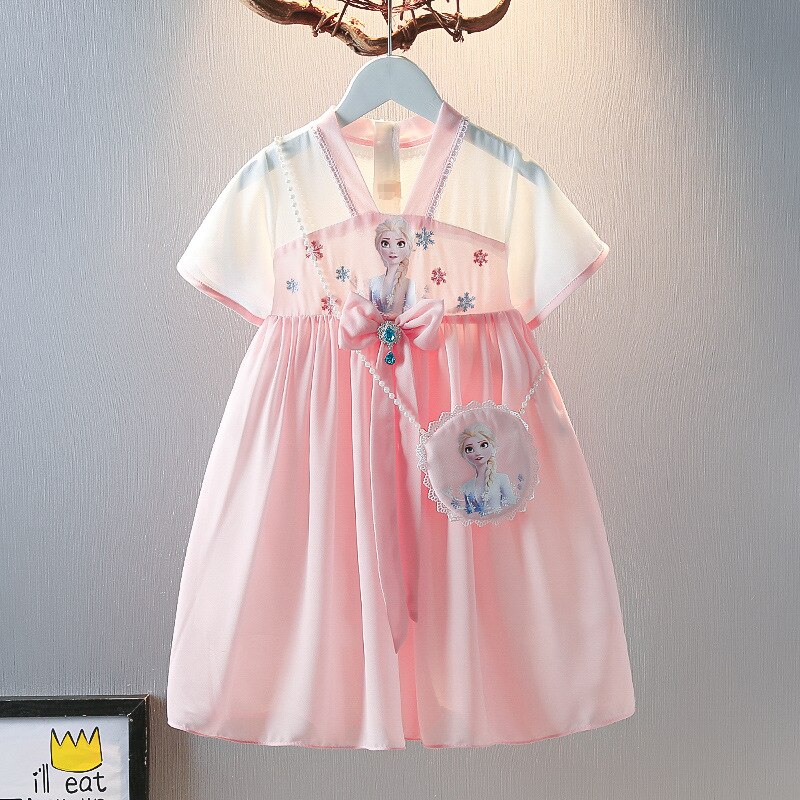 Summer Frozen Girls Dress 2022 Baby Toddler Retro Cheongsam Elsa Princess Dresses Little Girl Party Hanfu Clothing + Bag alx