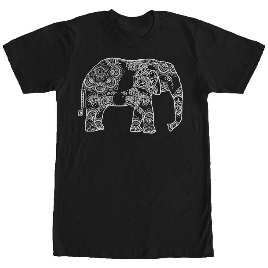 Lost Gods Men’s Henna Elephant Design  T Shirt Black