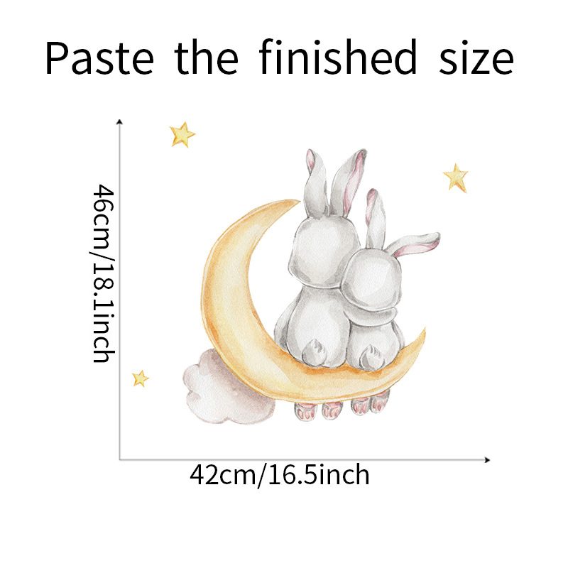 Cartoon Two Cute White Bunny Sitting on the Gold Moon Wall Stickers View of Back Rabbit Wall Decals Kids Room Decor PVC Murals alx