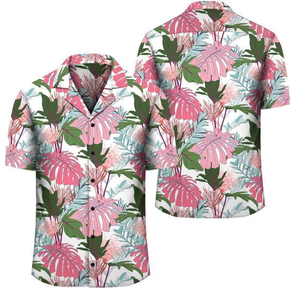 Pink Monstera And Green Tropical Leaves White Hawaiian Shirt – Fashion ...