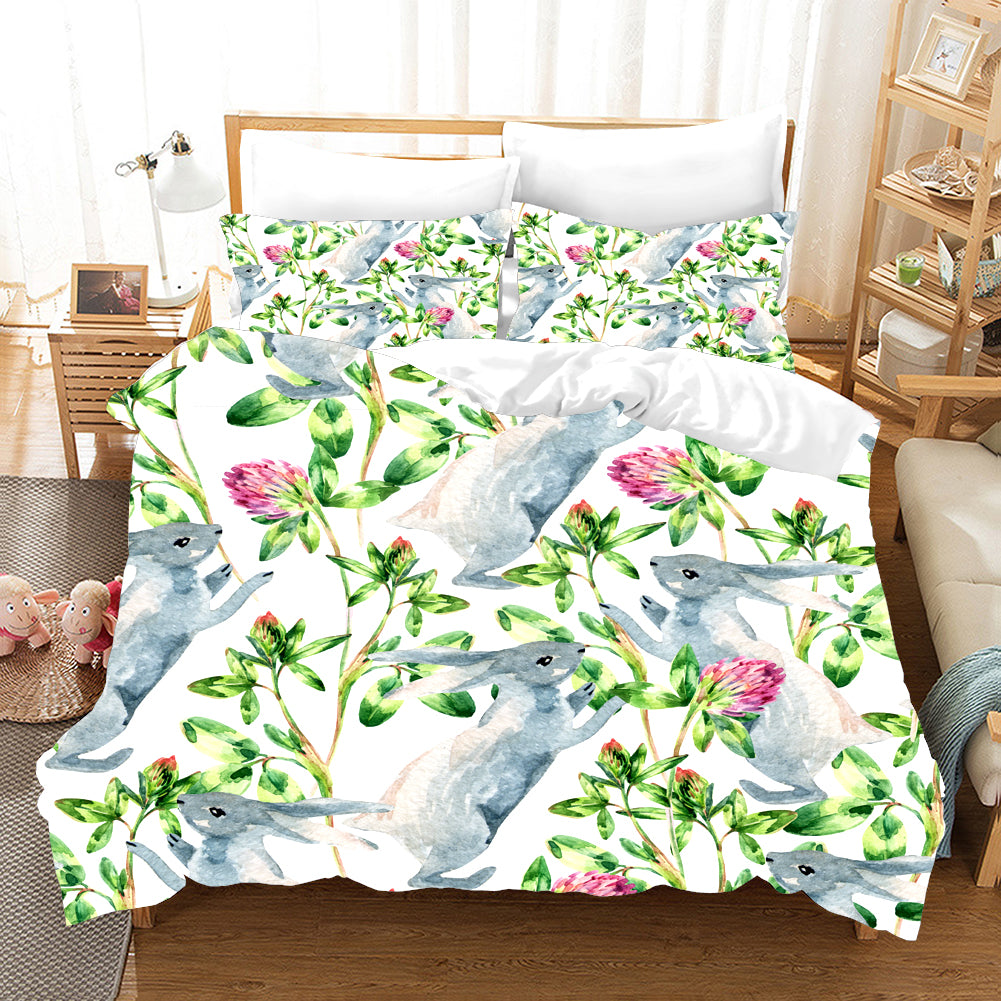 3D Rabbit Red Floral Quilt Cover Set Bedding Set Pillowcases 76