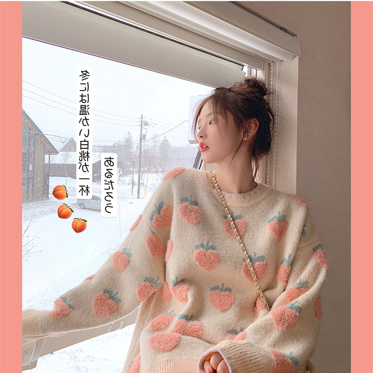 Spring Winter Sweet Lolita Cute Pink Cartoon Strawberry Peach Snowflake Knit Women Casual Pullover loose Sweater Long Style Top alx