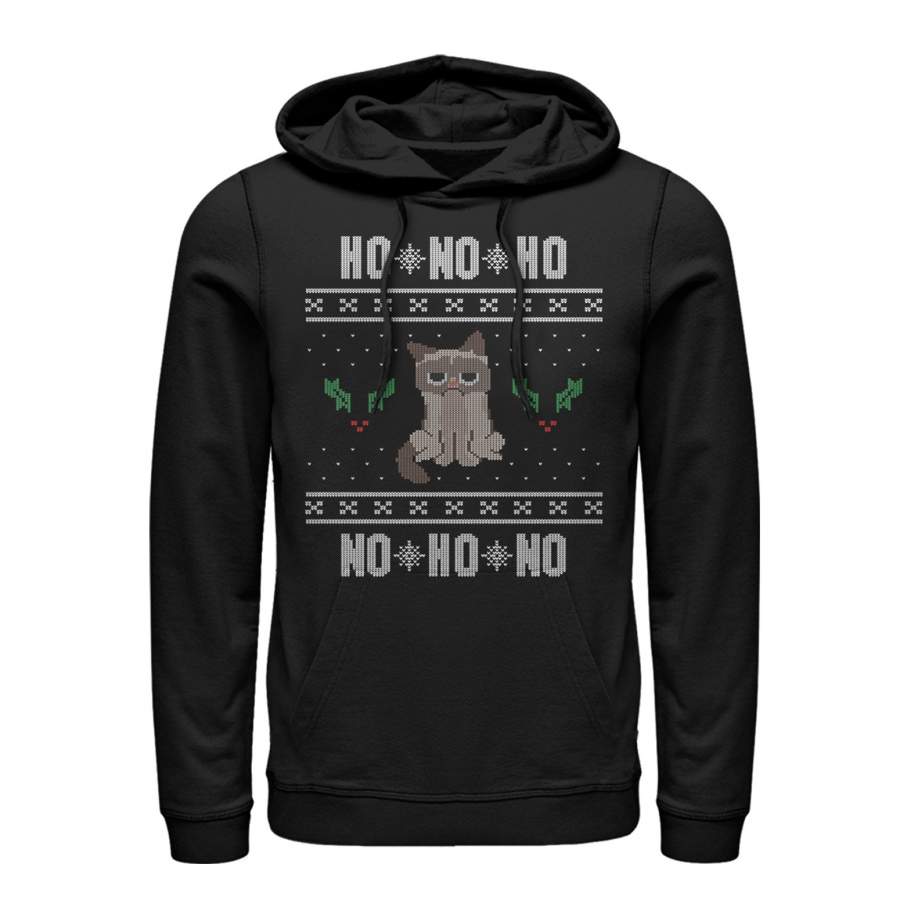 Grumpy Cat Men’s Ugly Christmas Ho Ho No  Lightweight Hoodie Black