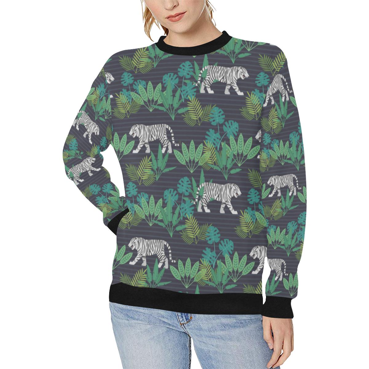 white bengal tigers tropical plant Women’s Crew Neck Sweatshirt