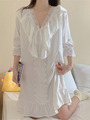 White Summer Lace Nightgown Women V-Neck Short Sleeve Casual Long Sleepwear Crochet Ruffles Korean Night Dress alx