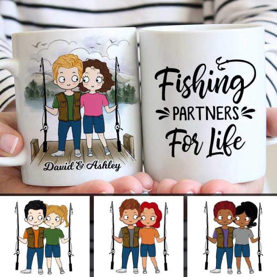 Chibi Couple Fishing Partners For Life Personalized AOP Mug