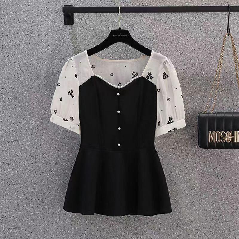 Summer New Floral Short Sleeve Fake Two Pieces Spliced Chiffon Shirt Female Stylish Elegant Square Collar Casual Slim Blouses alx