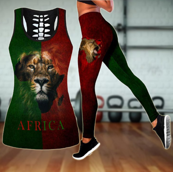 3D African Lion Combo Hollow Tank & Legging Outfit 131