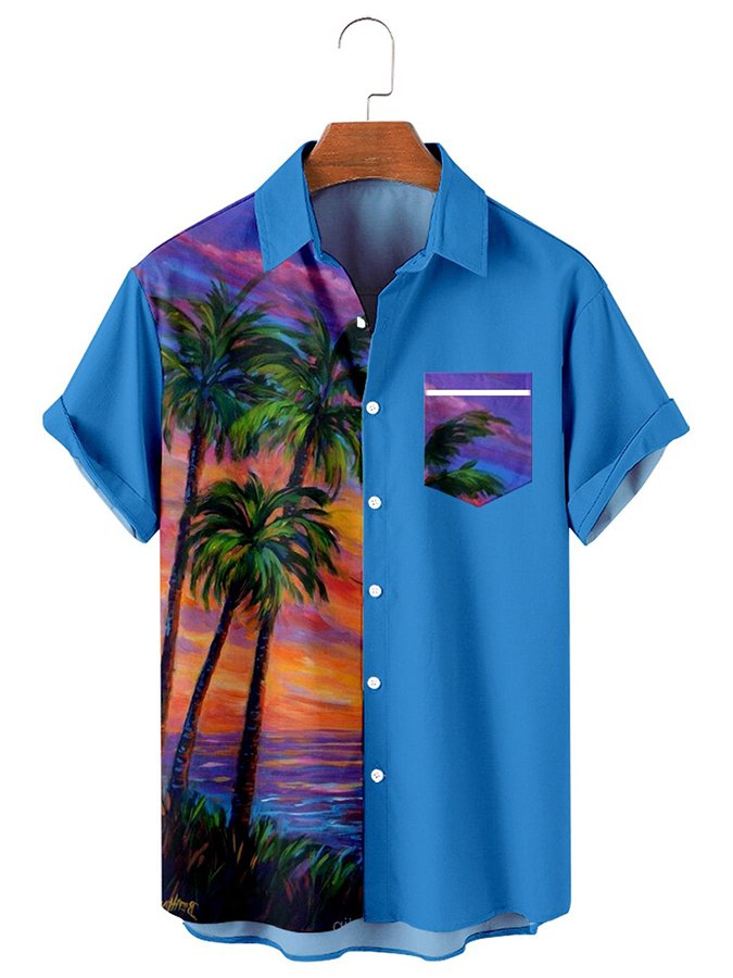 Mens Hawaii Shirt Blue Plant Casual Printed Shirts Tops Ha79515