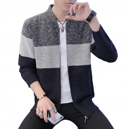 Autumn Men Coat Cardigan Long Sleeve Knitted Sweater Thick Warm Color Block Zip Jacket Plus Size Streetwear Knit Coat Outerwear alx