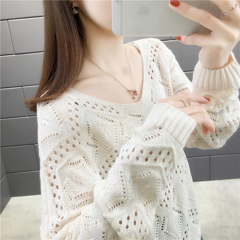 Spring Autumn Korean Style Sweet Solid V-neck Hollow Out Jumper Women Elegant Fashion All-match Pullover Sweater Female Clothes alx