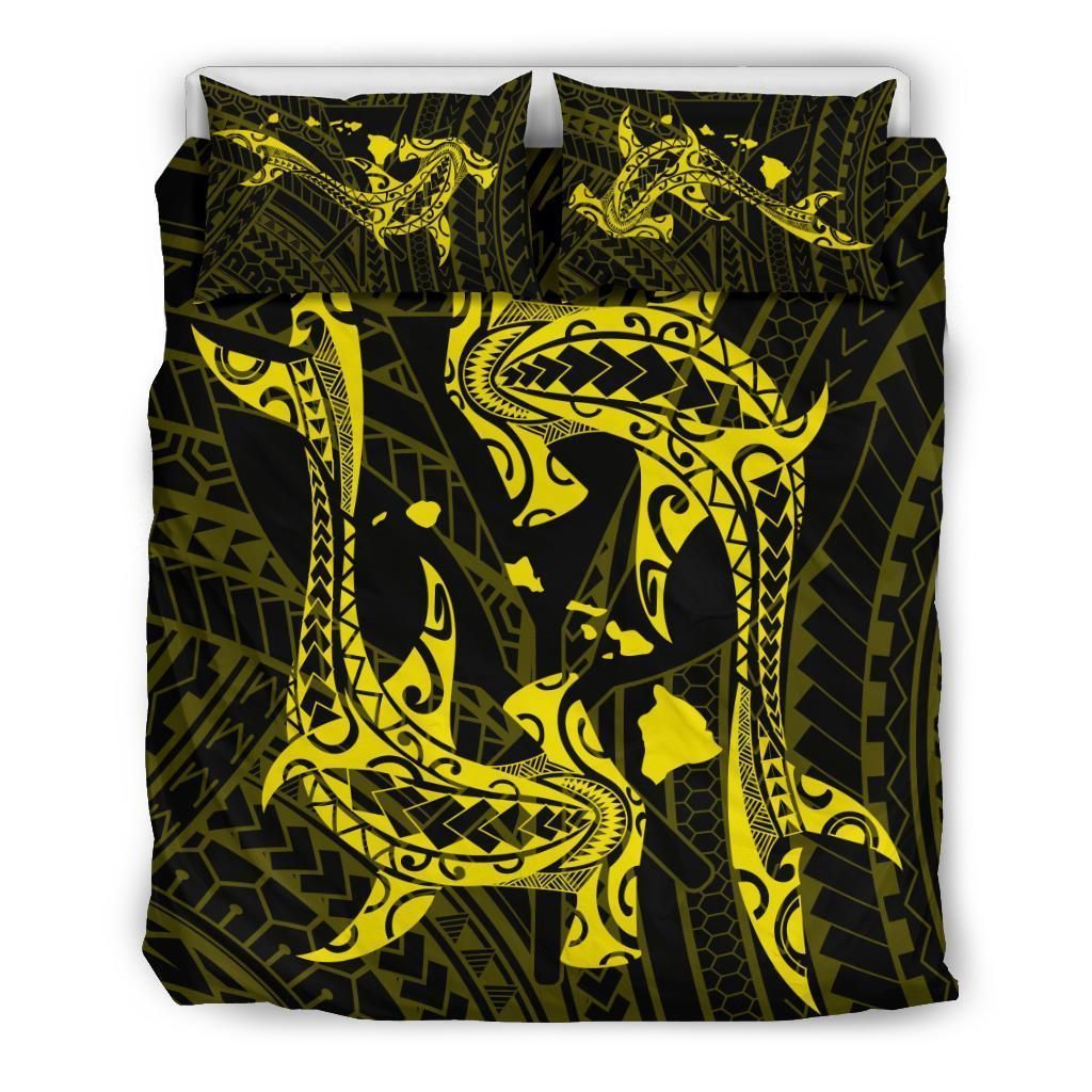 Alohawaii Bedding Set – Cover And Pillow Cases Hawaiian Map Hamerhead Shark Yin Yang Polynesian – Yellow – Ah J9