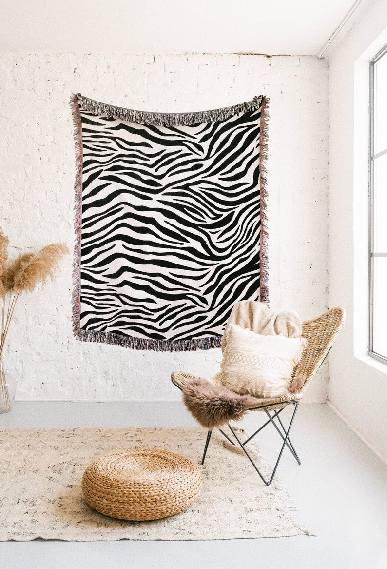 Zebra Black  Vintage Retro Style Couch Sofa Blanket,  Woven Throw Blanket Home Decor