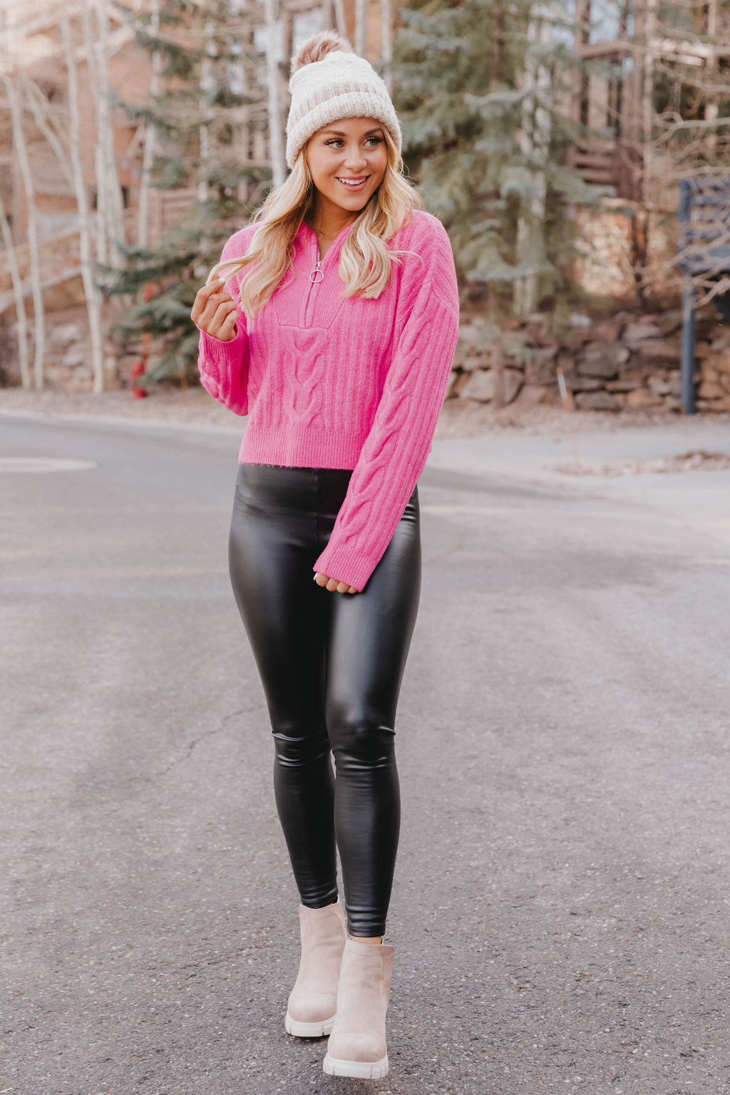 Already Yours Pink Cropped Quarter Zip Sweater