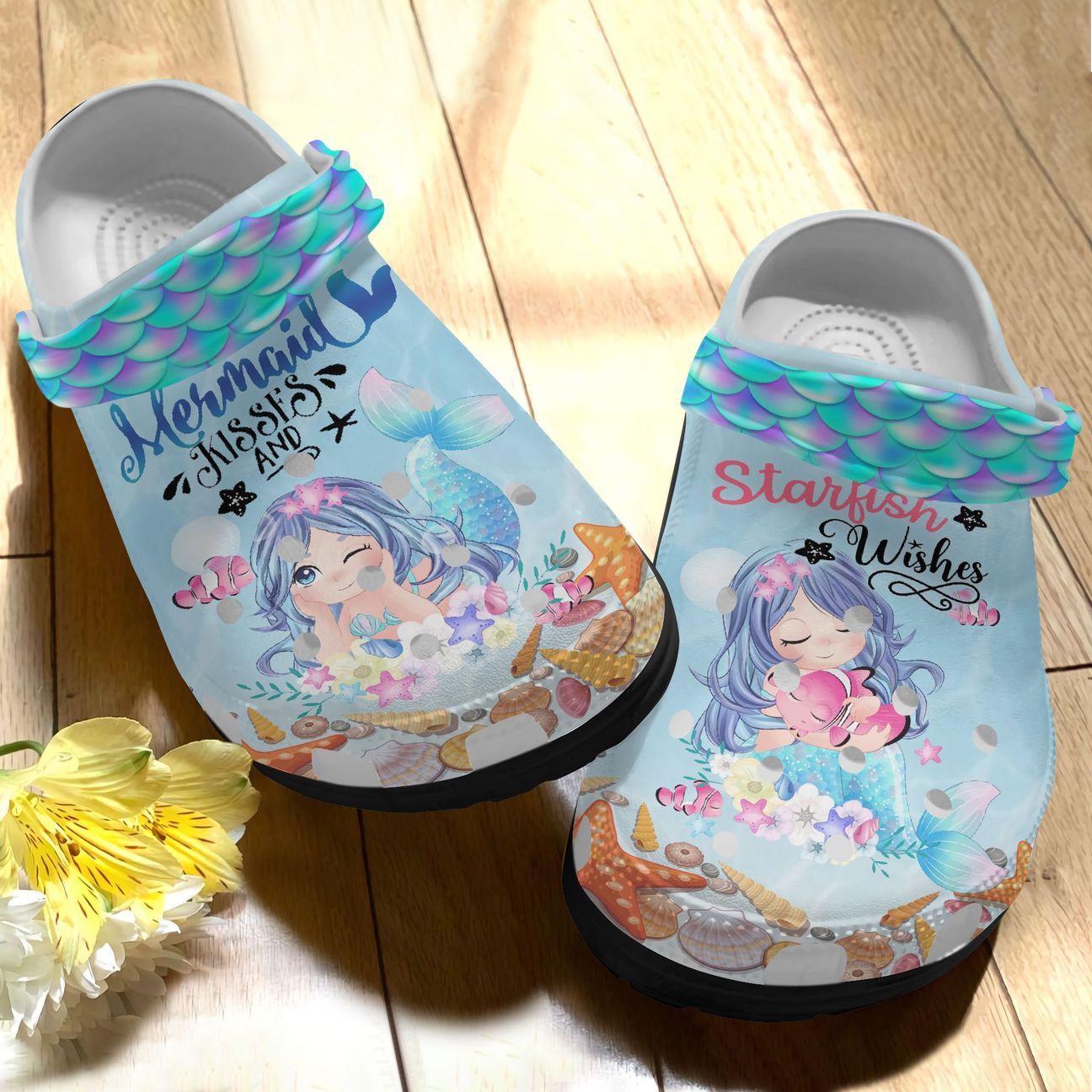 Mermaid Personalized Clog, Custom Name, Text, Color, Number Fashion Style For Women, Men, Kid, Print 3D Mermaid Kisses & Starfish Wishes