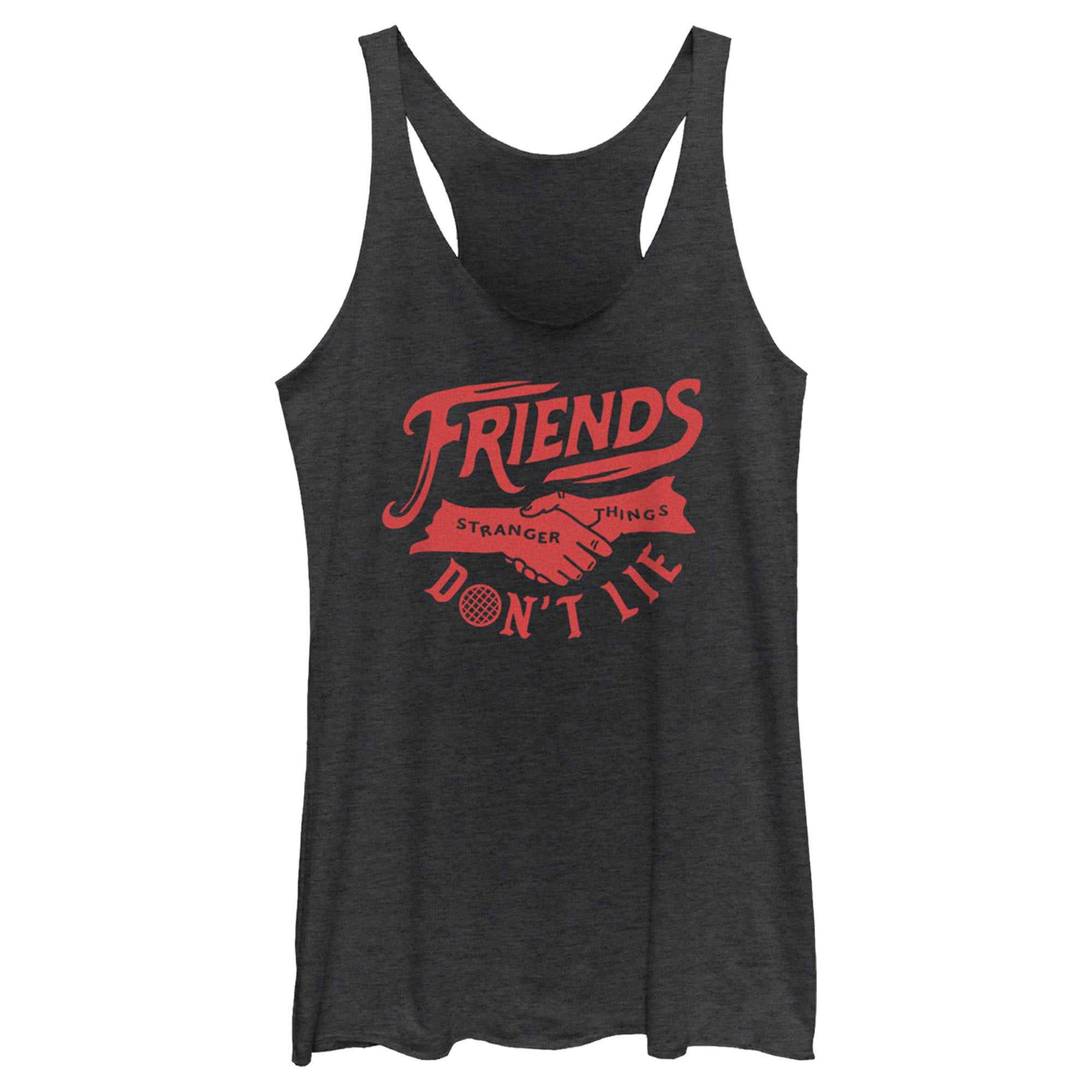 Women’S Stranger Things Friends Don’T Lie Handshake Racerback Tank Top