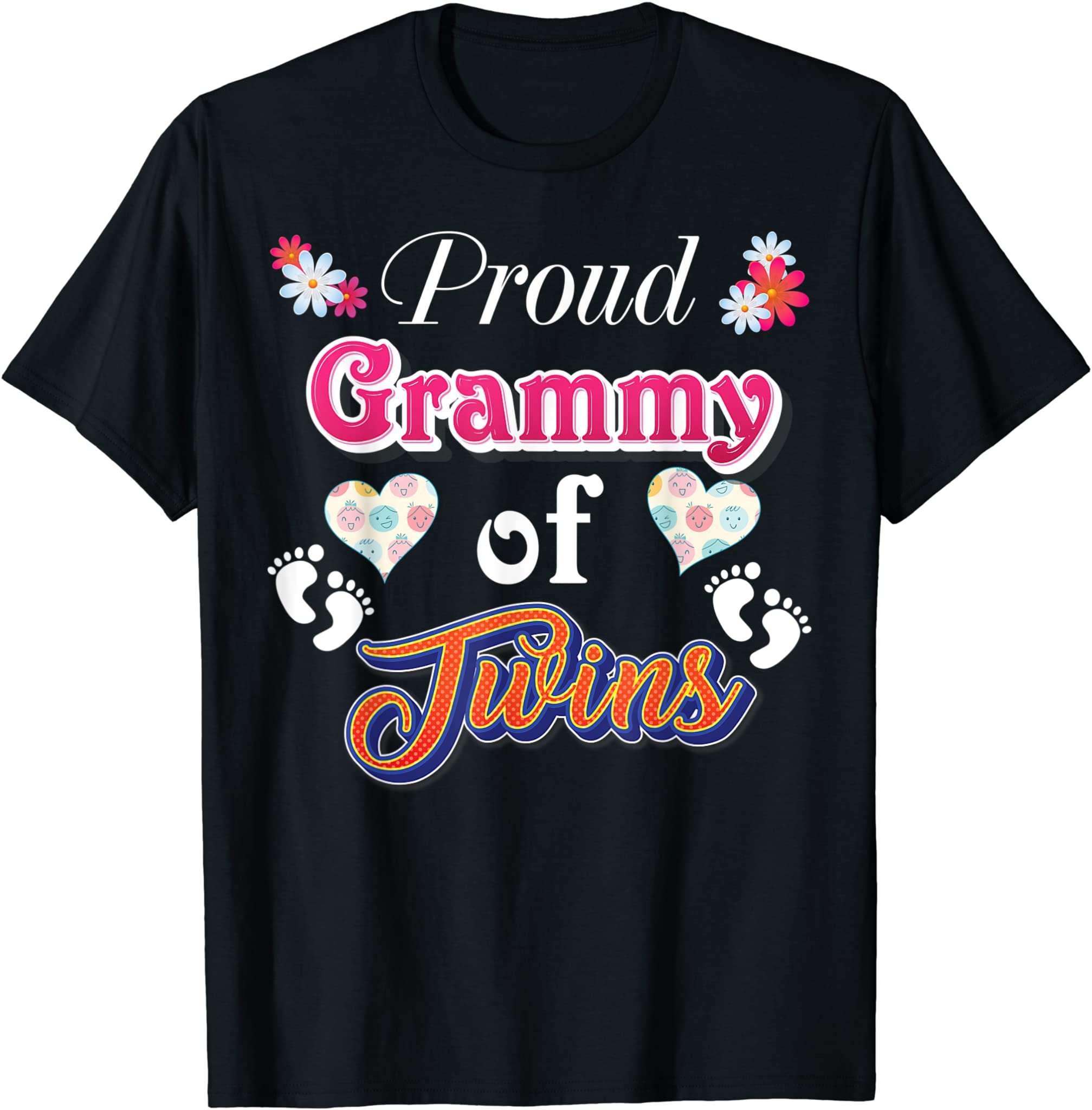 Proud Grammy Of Twins Mother Day Floral Heart Footprint Mom T-Shirt