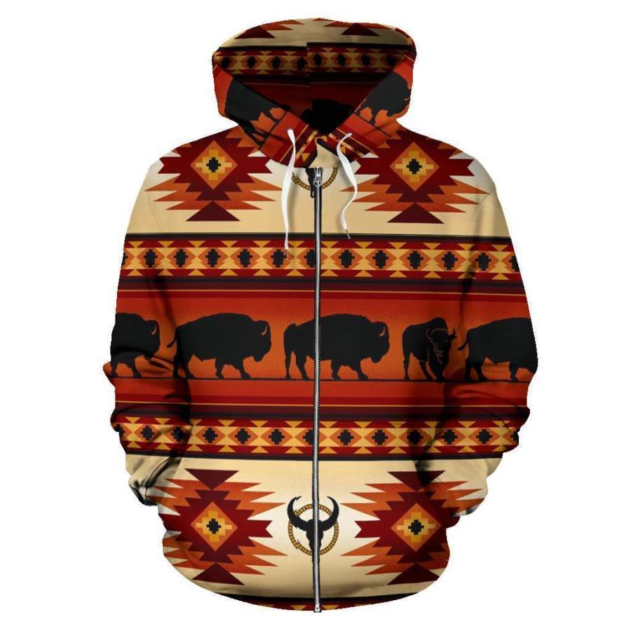 3D Native American Tribal Pattern Bison Brown Zipper Hoodie NVD1304