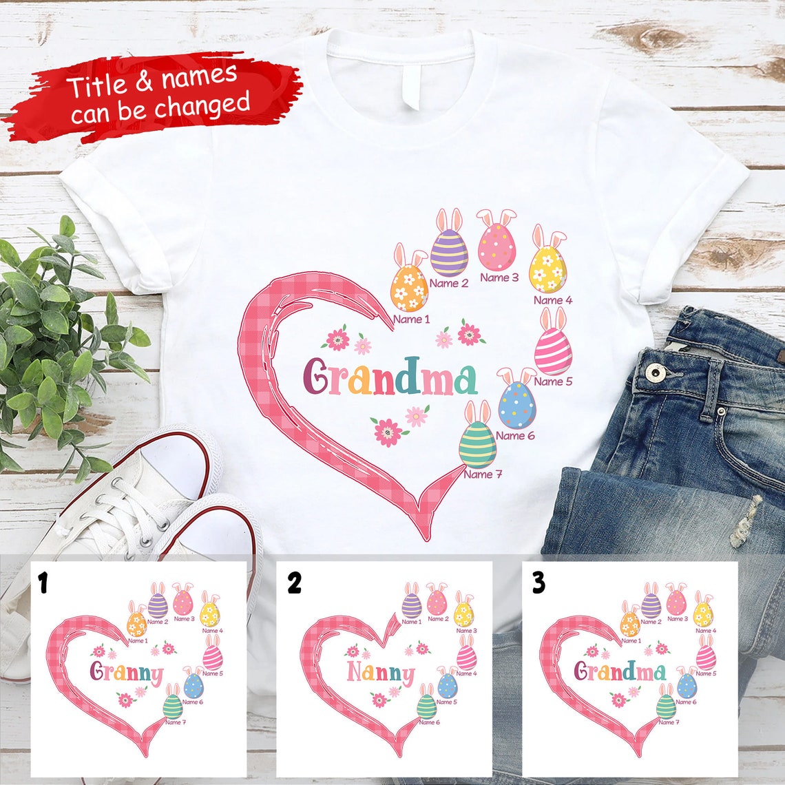 Personalized T-Shirt For Grandma Easter Eggs Bunny Heart Printed Custom Grandkids Name Happy Easter Day Shirt