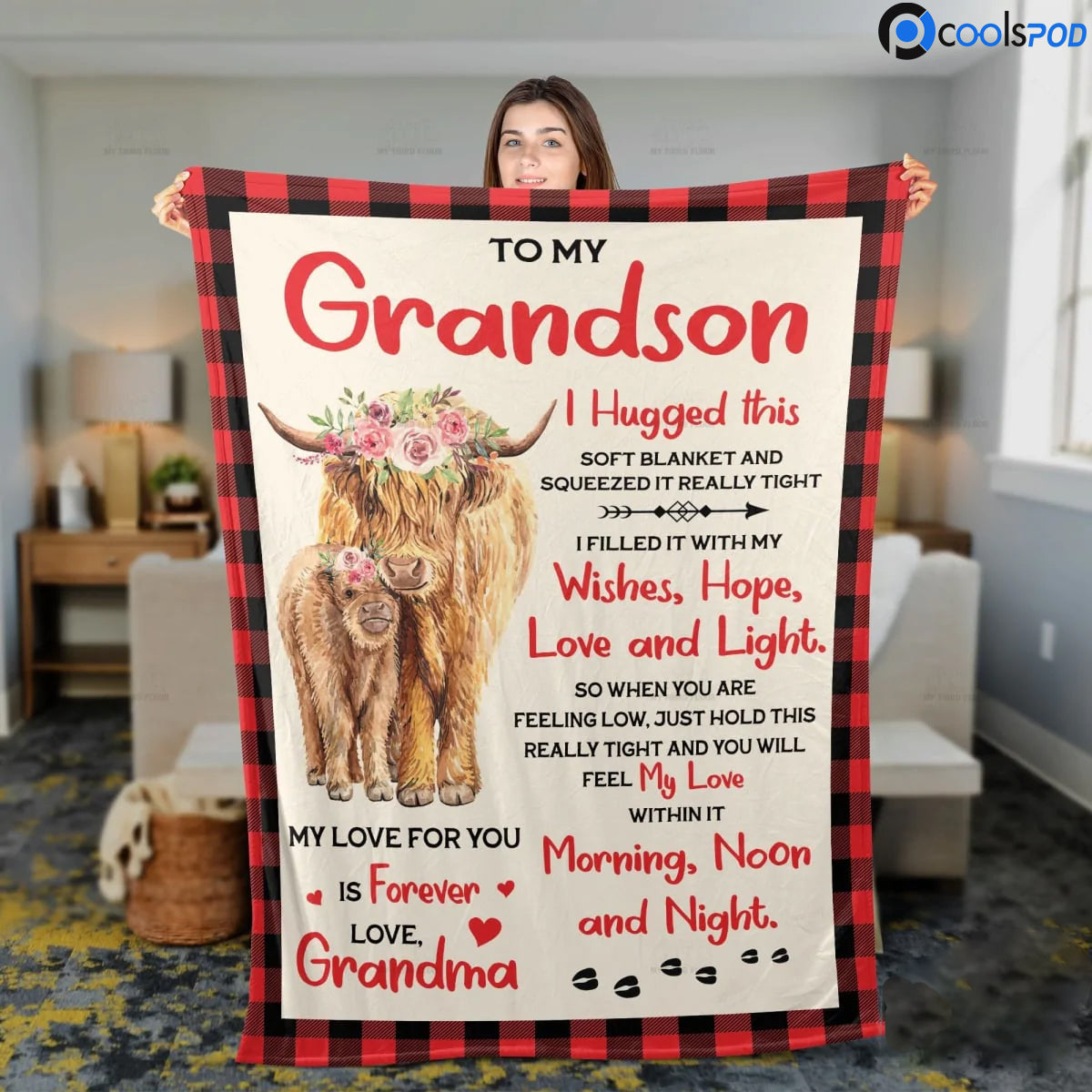 From Grandma To Grandson Blanket, Grandson Highland Cattle Lovers Premium Blankets, Family Cow Fleece Sherpa Blankets