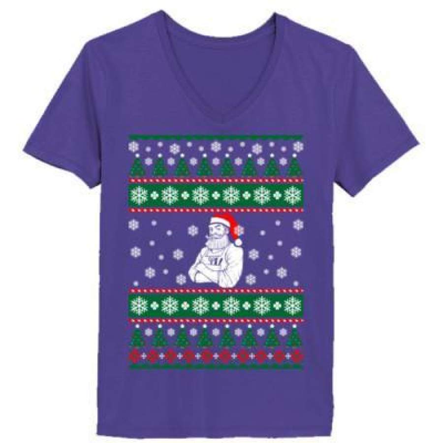 AGR Barber Santa Ugly Christmas Sweater – Ladies’ V-Neck T-Shirt