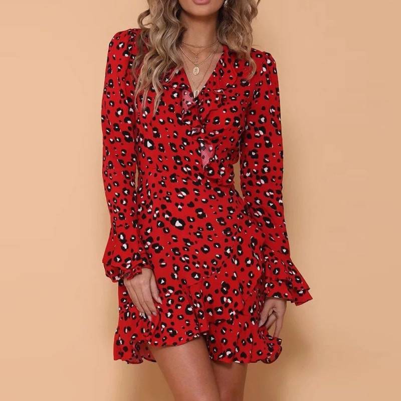 V-Neck Long Sleeve Ruffled Flare Sleeve Leopard Print Dress