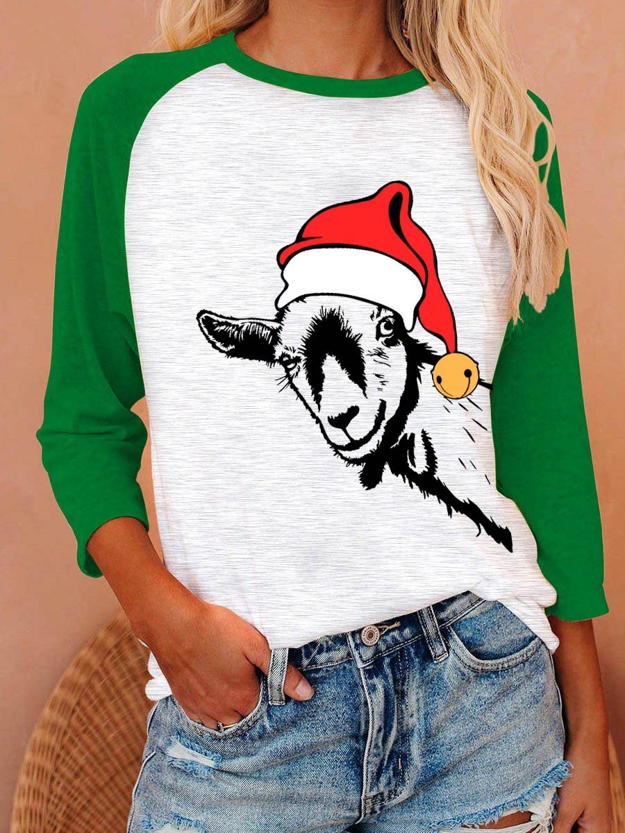 Women’S Peeking Goat Head Funny Farm Animal Christmas Baseball T-Shirt