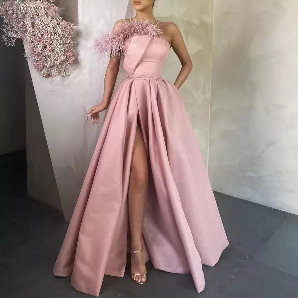 Vinca Sunny High Side Split Satin Prom Dresses Long Pleats Evening Gowns Pockets Feather Formal Women Dress Evening Party Wear alx