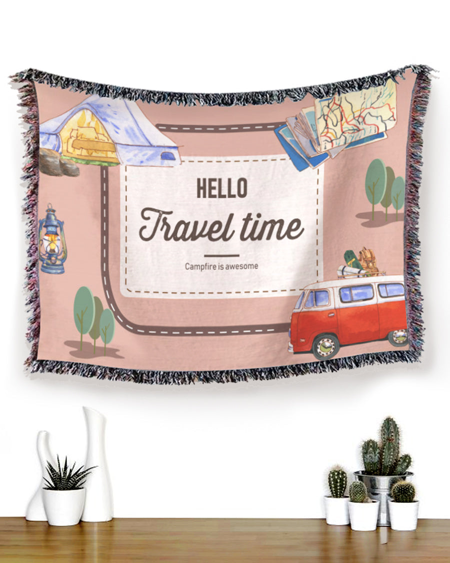 Woven Throw For Travel Lovers Home Decor, Hello Time Time, Cotton Blanket