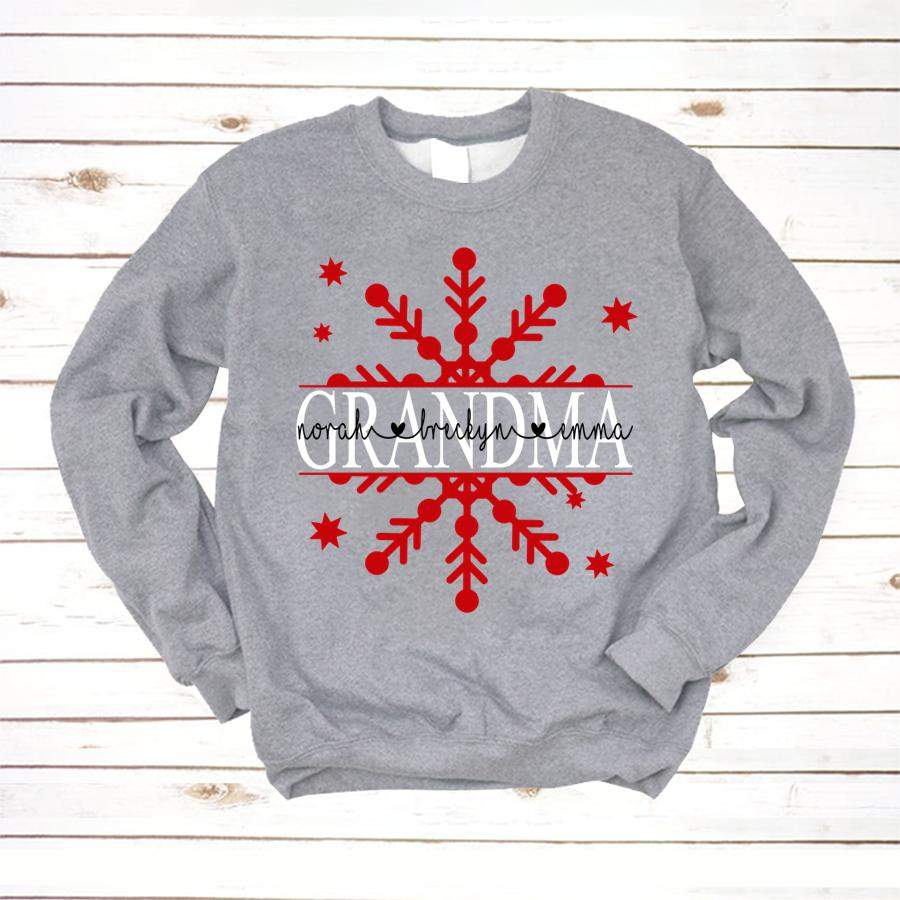 PERSONALIZED GRANDMA SNOWFLAKE KIDS NAMES CHRISTMAS SHIRT