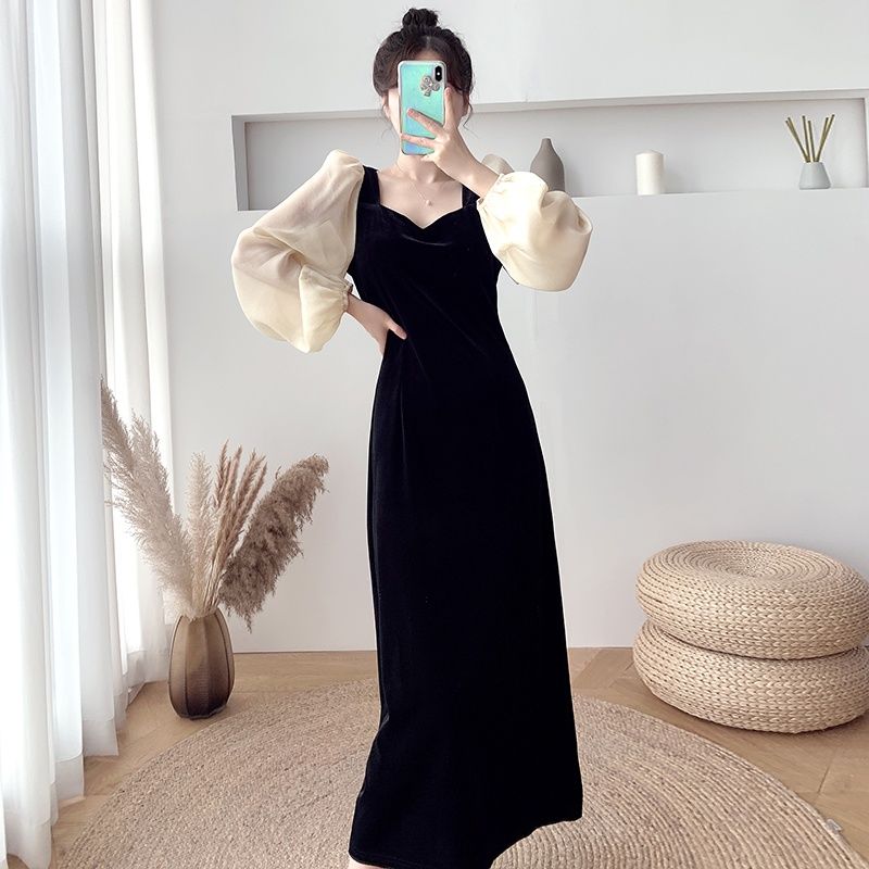 Solid Black Patchwork Velvet Dress French V Neck Puff Sleeve Retro Elegant Temperament Vintage Long Dress Vestidos De Mujer 2022 alx