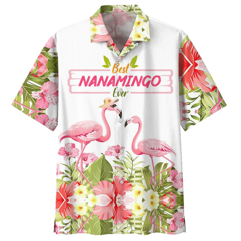 Flamingo Best Nanamingo Ever Tropical Flowers Print Short Sleeve Hawaii Casual Shirt Ha91077