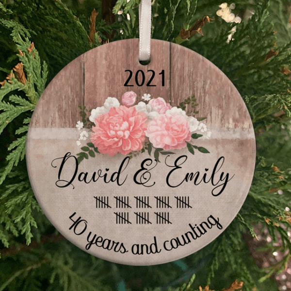 Personalized Rustic Wood Old Pink Flower 40 Years Anniversary Christmas Ceramic Ornament