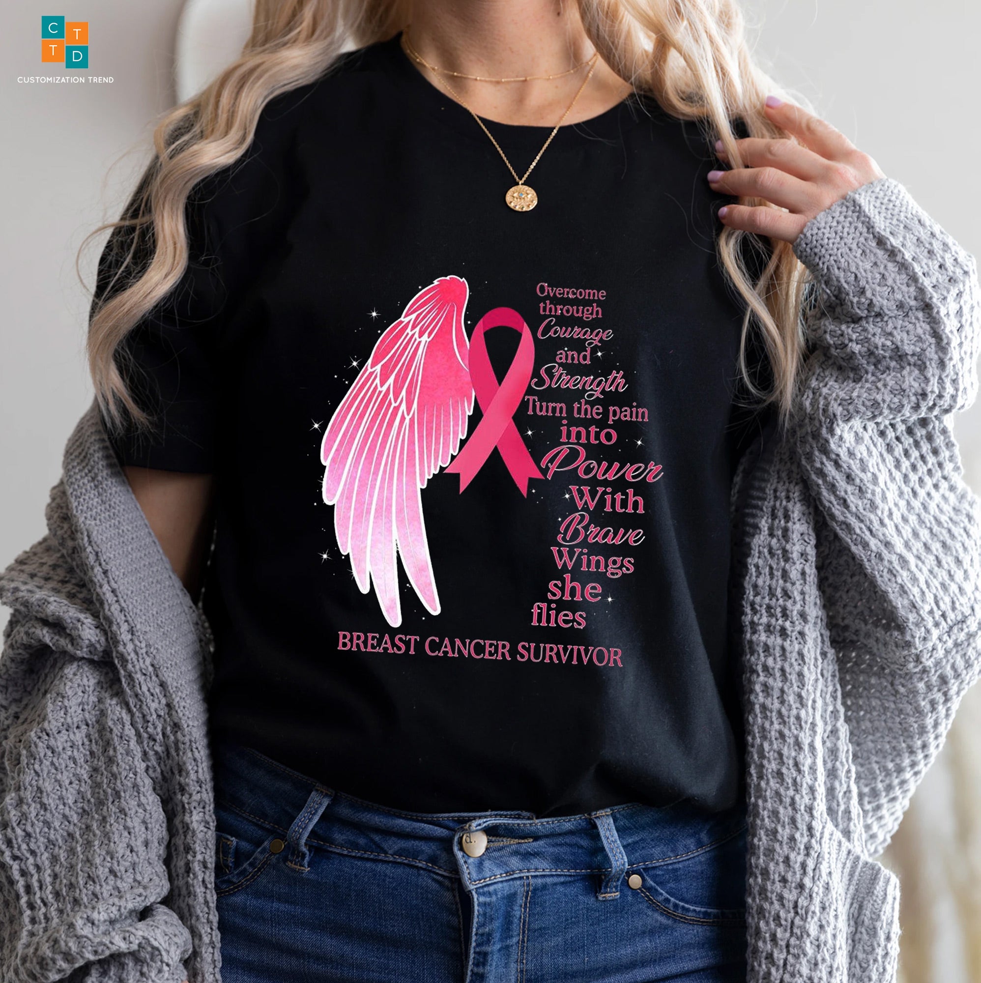 Overcome Throught Courage And Strength Turn The Pain Into Power Breast Cancer Awareness Hoodie, Shirt