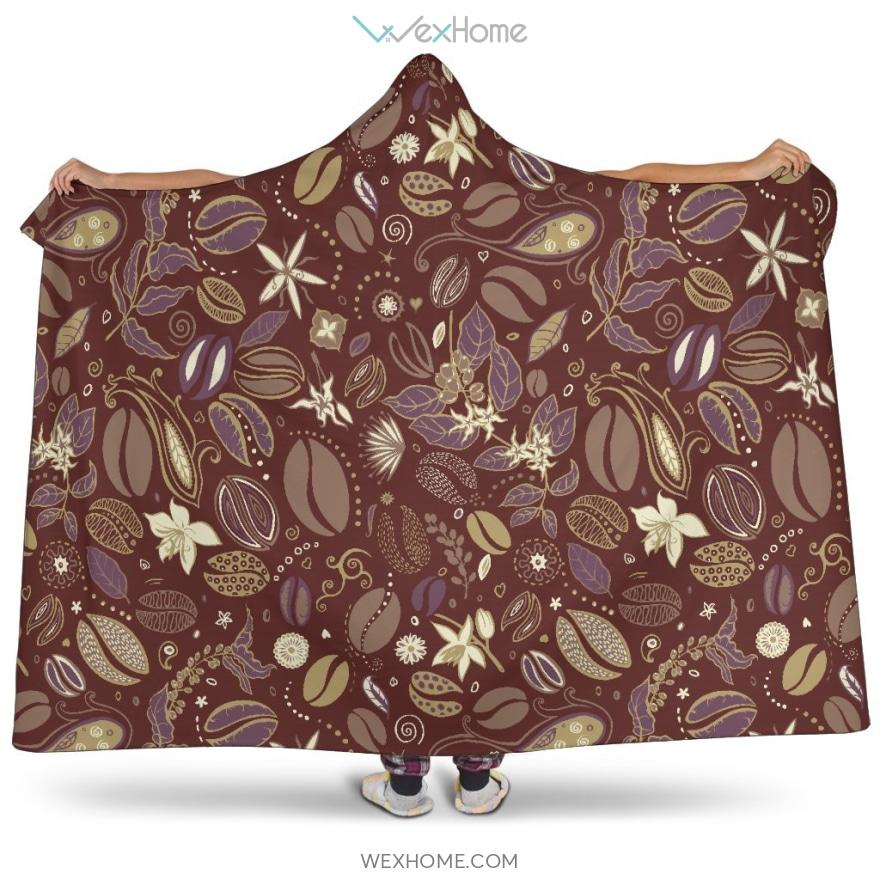 Coffee Bean Flower Pattern Hooded Blanket